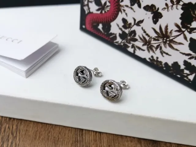 Gucci Interlocking G Stud Silver Black Circular Logo Earrings 4