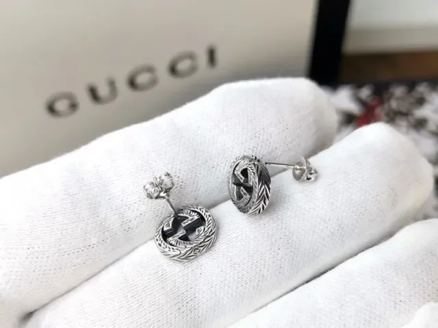 Gucci Interlocking G Stud Silver Black Circular Logo Earrings 8
