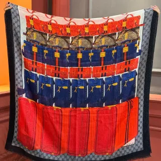 Gucci Luggage Print Scarf Red Navy Graphic Monogram Border Silk Scarf