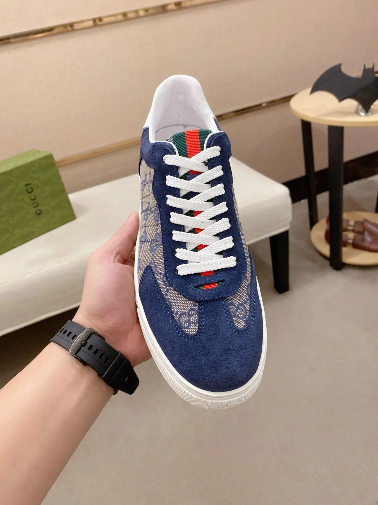 Tênis Gucci Navy Bege Camurça GG Monogram Canvas Cupsole Branco Lifestyle 5