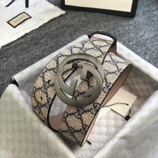 حزام جلدي Gucci Ophidia بيج أسود GG مونوغرام كانفاس إبزيم جي متشابك