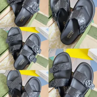 Gucci Ophidia Black Gold Embossed GG Monogram Interlocking G Buckles Casual Sandals
