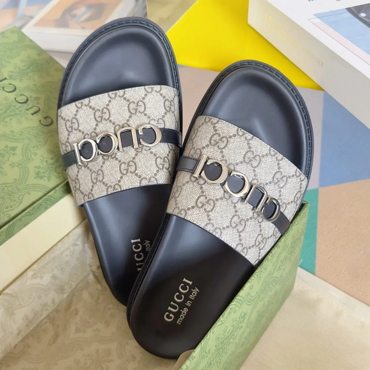 Gucci Ophidia কালো সোনা Embossed GG Monogram Interlocking G Buckles কাজুয়াল স্যান্ডেল 3