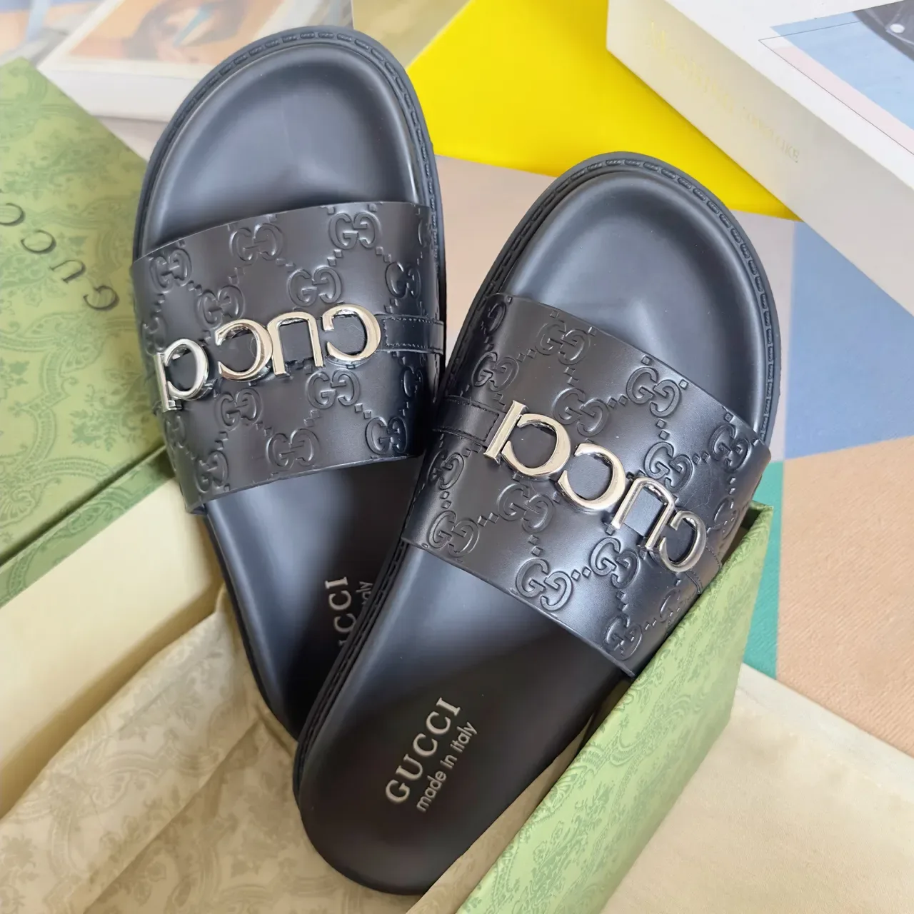 Gucci Ophidia কালো সোনা Embossed GG Monogram Interlocking G Buckles কাজুয়াল স্যান্ডেল 4