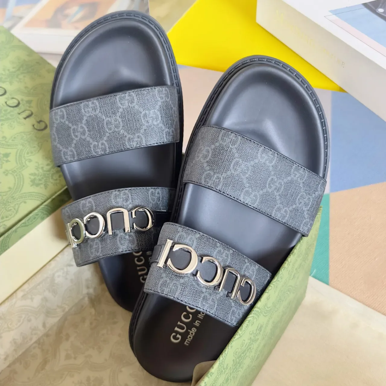 Gucci Ophidia কালো সোনা Embossed GG Monogram Interlocking G Buckles কাজুয়াল স্যান্ডেল 5