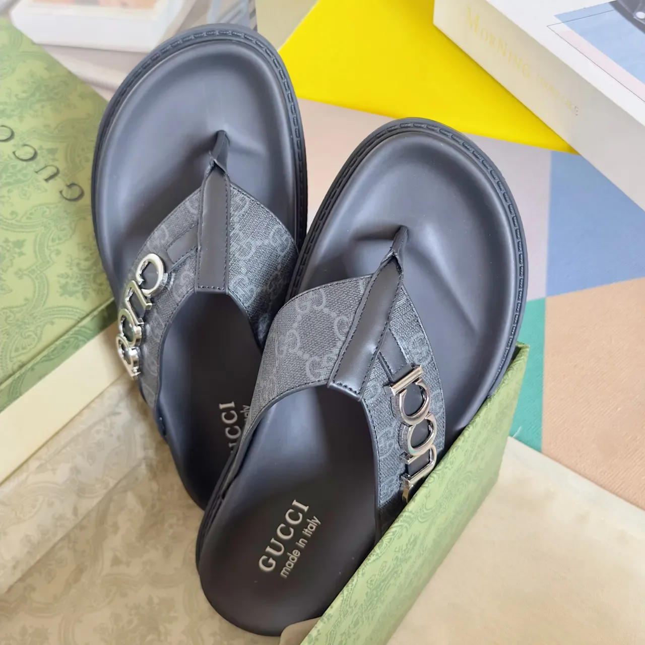 Gucci Ophidia কালো সোনা Embossed GG Monogram Interlocking G Buckles কাজুয়াল স্যান্ডেল 7