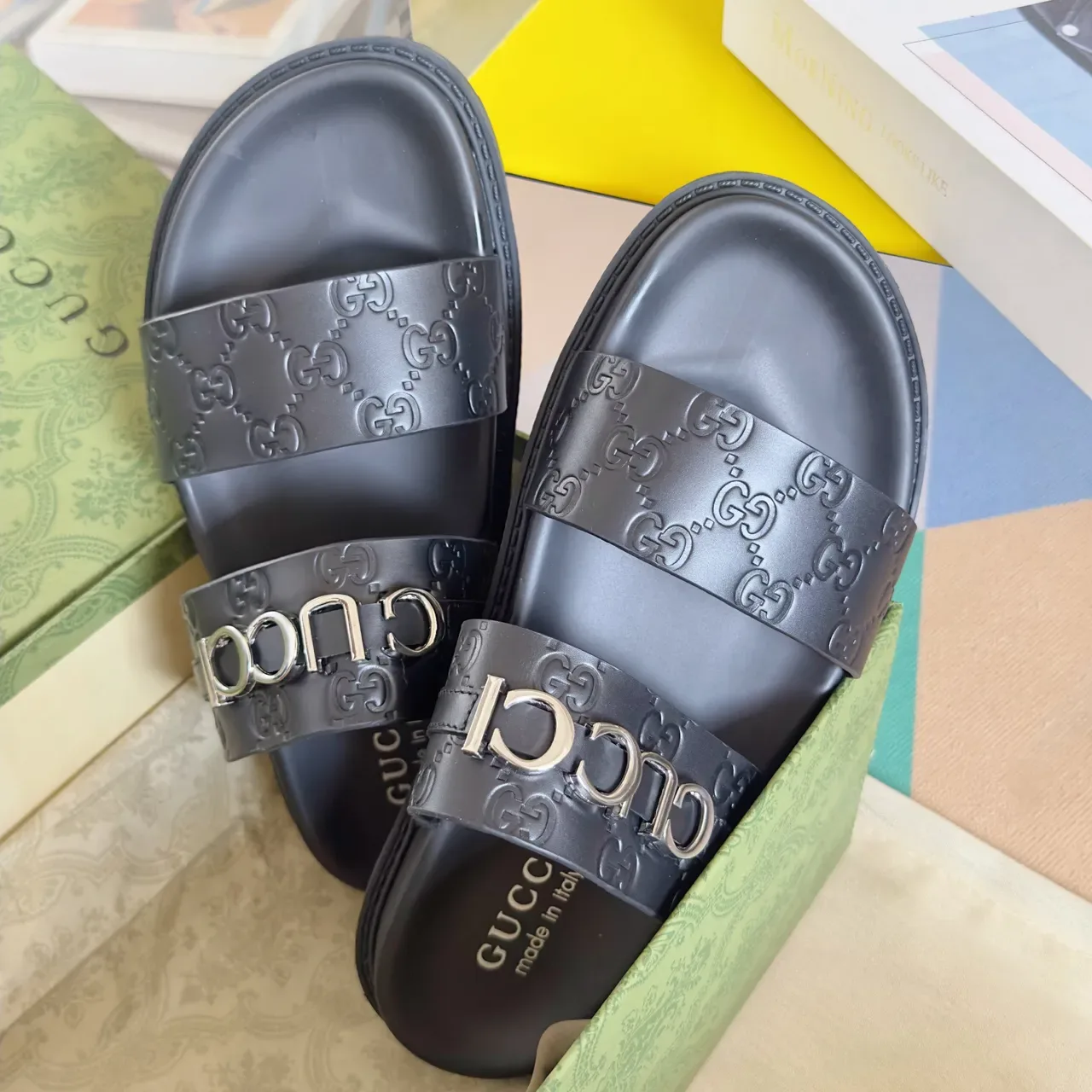 Gucci Ophidia কালো সোনা Embossed GG Monogram Interlocking G Buckles কাজুয়াল স্যান্ডেল 8