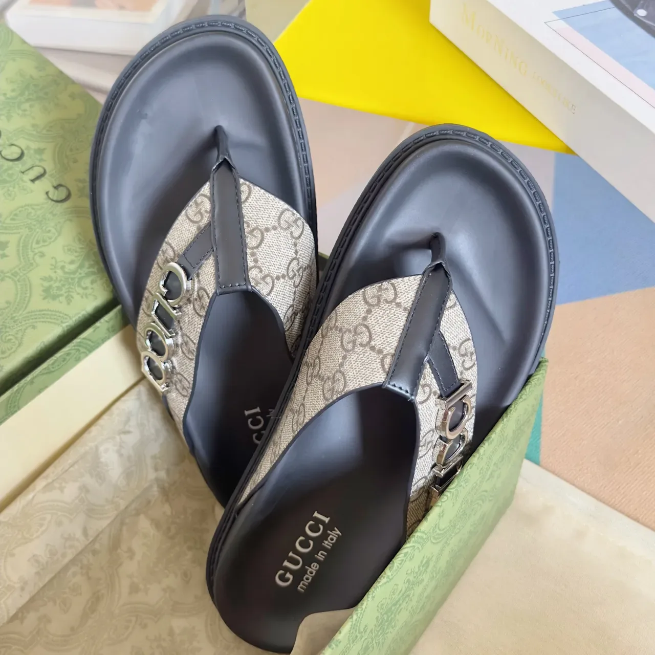 Gucci Ophidia কালো সোনা Embossed GG Monogram Interlocking G Buckles কাজুয়াল স্যান্ডেল 9