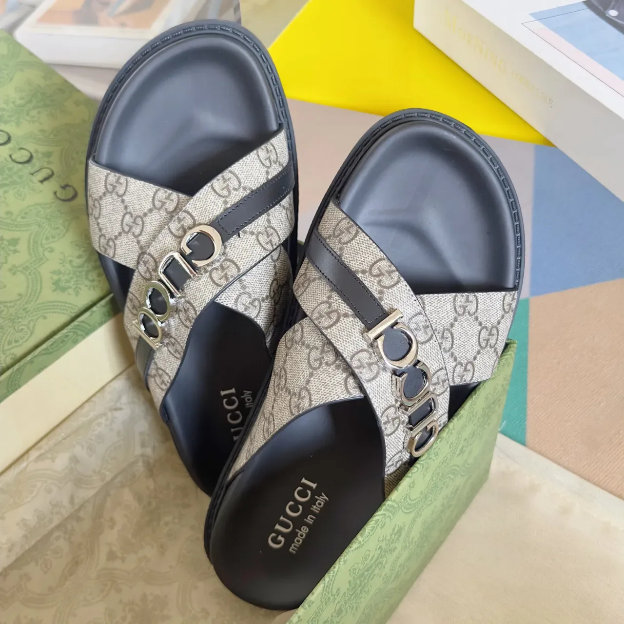 Gucci Ophidia কালো সোনা Embossed GG Monogram Interlocking G Buckles কাজুয়াল স্যান্ডেল 11