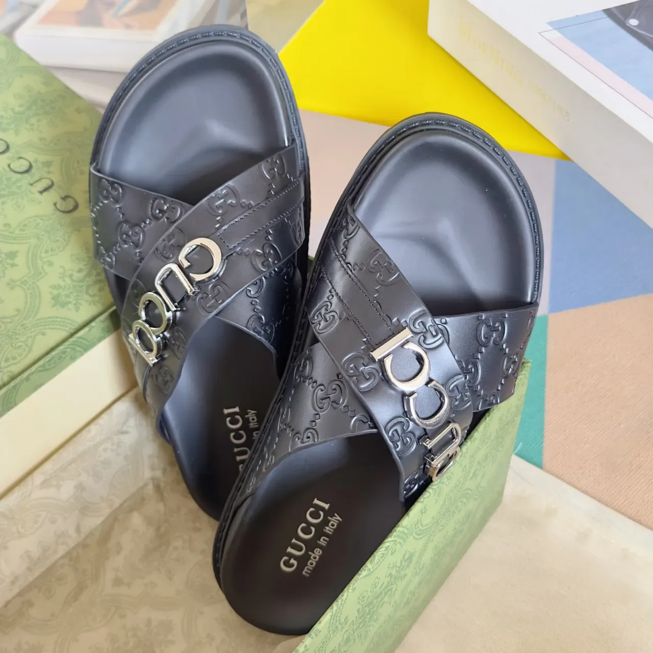 Gucci Ophidia কালো সোনা Embossed GG Monogram Interlocking G Buckles কাজুয়াল স্যান্ডেল 12