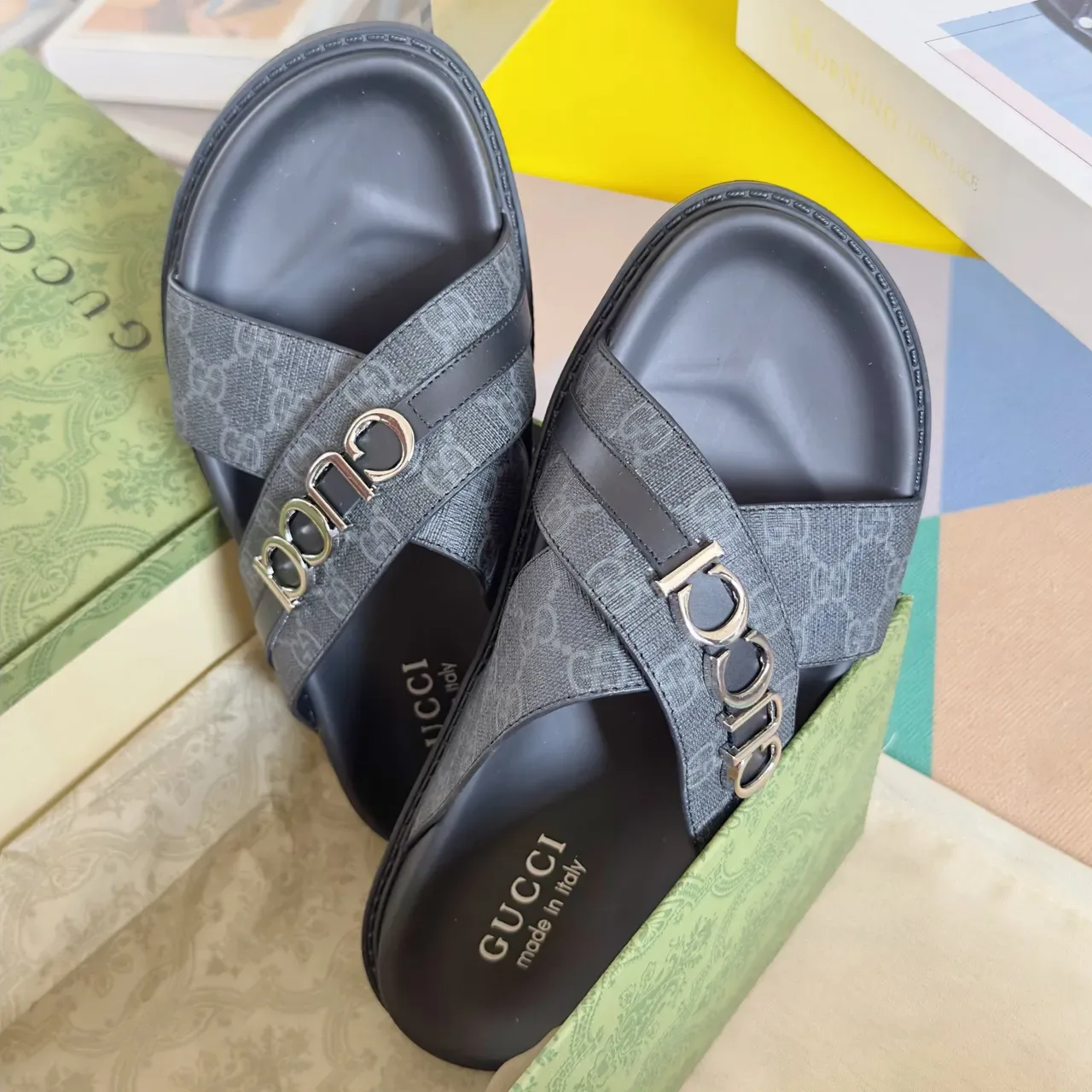 Gucci Ophidia কালো সোনা Embossed GG Monogram Interlocking G Buckles কাজুয়াল স্যান্ডেল 13
