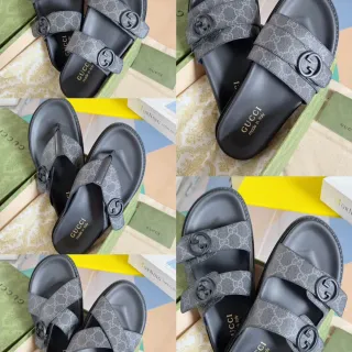 Gucci Ophidia Negro Gris Correa Doble Deslizante GG Monograma Lona Sandalias