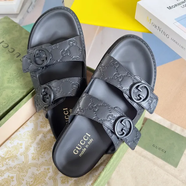 Gucci Ophidia Black Gray Double-Strap Slide GG Monogram Canvas Sandals 7