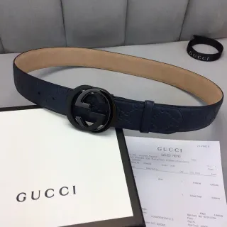 Gucci Ophidia 海军色米色压纹 GG 花纹互锁 G 扣头皮革腰带