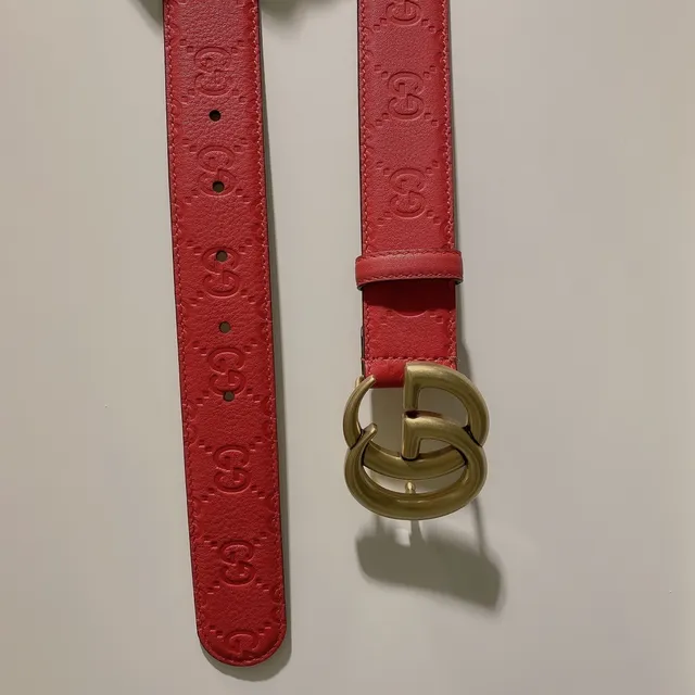 Gucci Red Gold Embossed GG Monogram Interlocking Double G Buckle Leather Belt 2