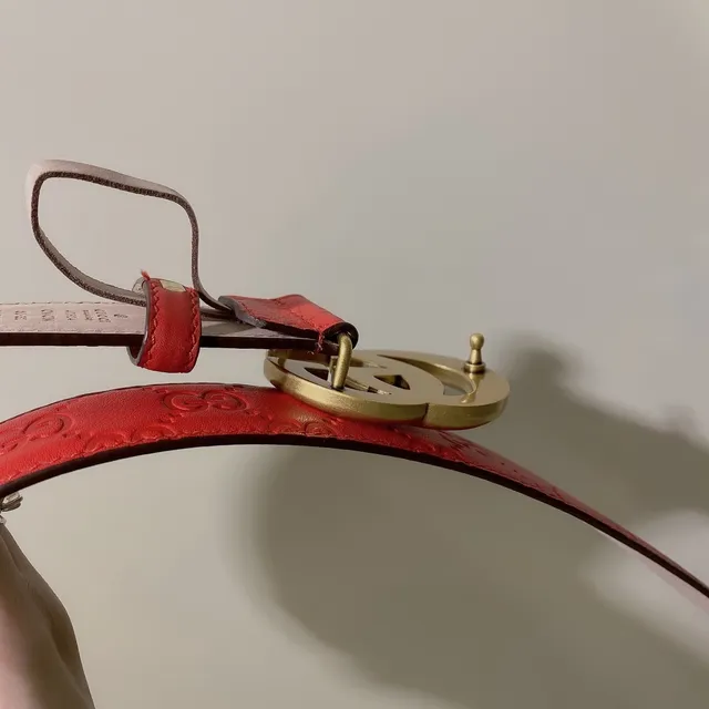 Gucci Red Gold Embossed GG Monogram Interlocking Double G Buckle Leather Belt 4