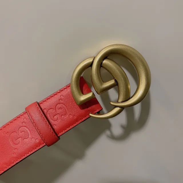Gucci Red Gold Embossed GG Monogram Interlocking Double G Buckle Leather Belt 6
