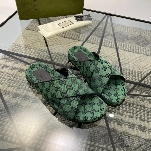 Gucci Screener Verde GG Monogram Chinelos Tecidos 8