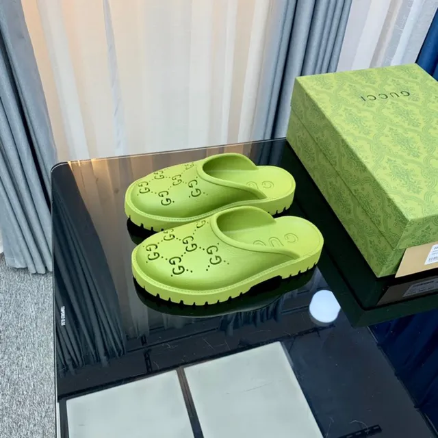 Gucci Screener Lime Green Logo-Perforated Platform Slippers 6