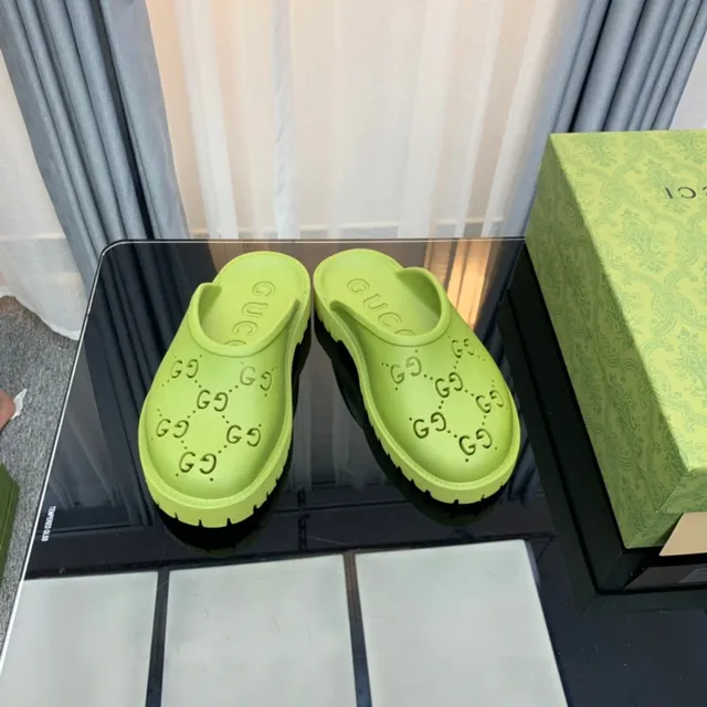 Gucci Screener Lime Green Logo-Perforated Platform Slippers 8