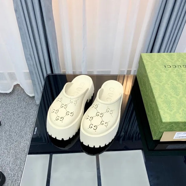 Gucci Screener Off-White Perforated Monogram Platform Slippers 6