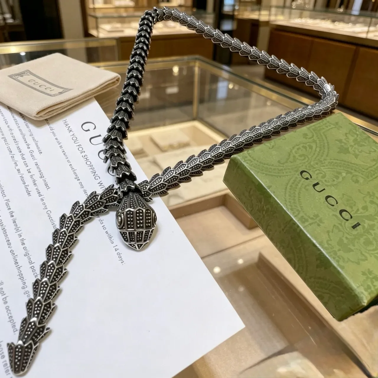 Gucci Serpent Silver Black Snake-Shaped Textured Scale Detailing Necklace 2