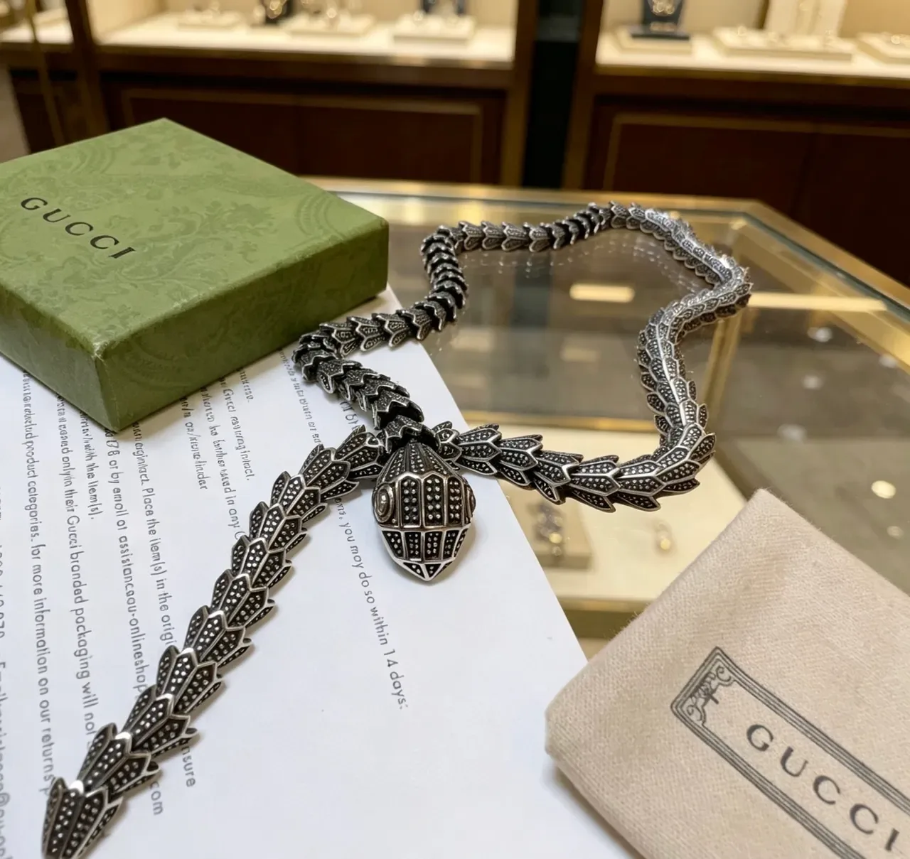 Gucci Serpent Silver Black Snake-Shaped Textured Scale Detailing Necklace 5