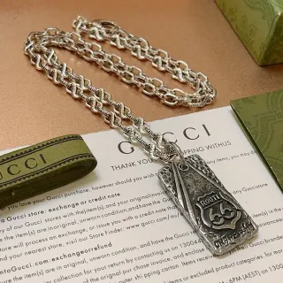 Collier Gucci Argent Vert Armée Finition Oxydée G-Motif Chaîne à Maillons