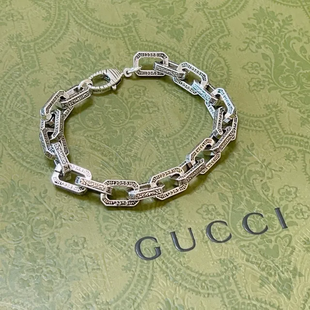 Gucci Silver Black Engraved Chain-Link Rectangular Links Bracelet 8