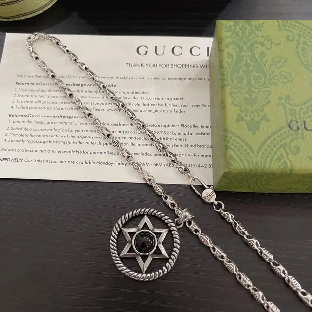 Gucci Collier Argent Noir Métal Oxydé Cabochon Centre 5