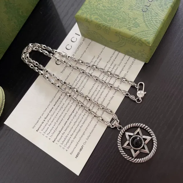 Gucci Collier Argent Noir Métal Oxydé Cabochon Centre 6
