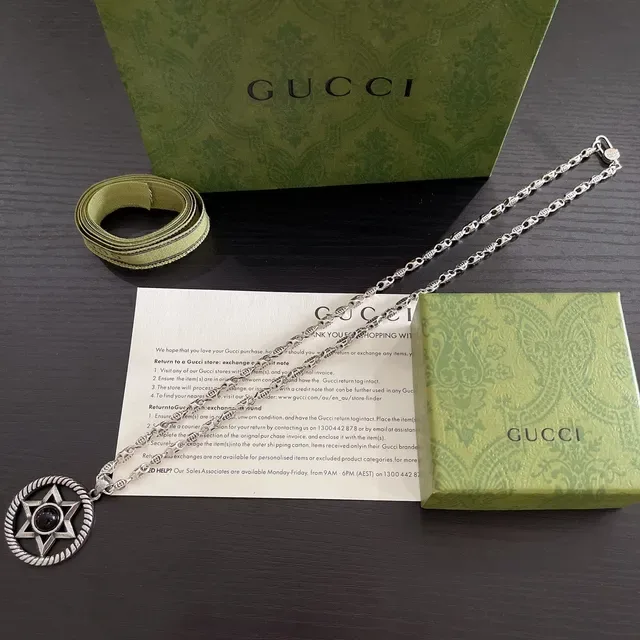 Gucci Collier Argent Noir Métal Oxydé Cabochon Centre 8
