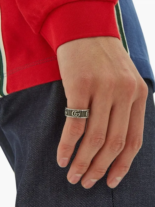 Gucci Silver Black Wide Band Interlocking GG Logo Ring 2