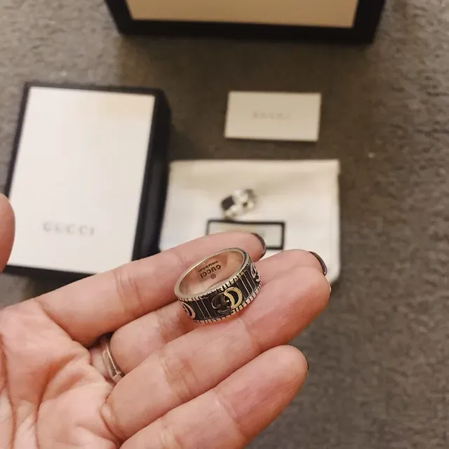 Gucci Silver Black Wide Band Interlocking GG Logo Ring 5