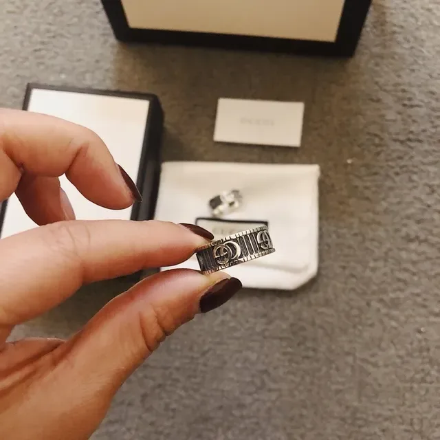 Gucci Silver Black Wide Band Interlocking GG Logo Ring 7
