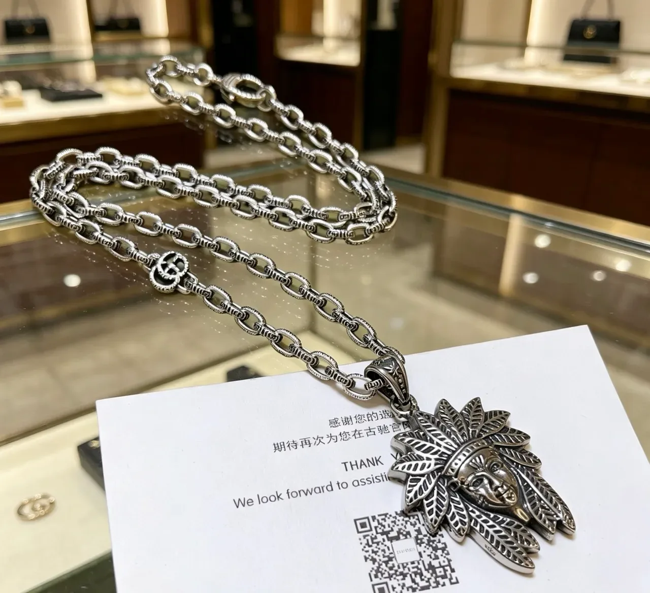 Colar Gucci Corrente de elos pesados Prata Verde Pingente de diadema de penas 2