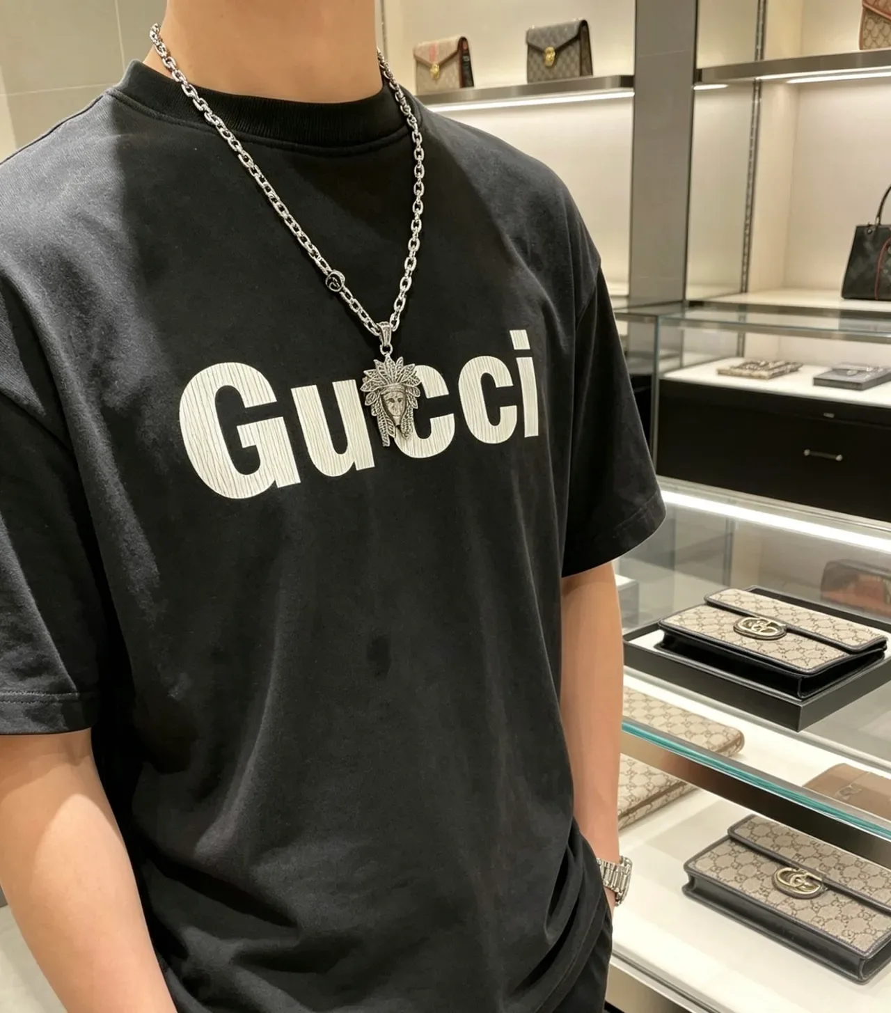 Colar Gucci Corrente de elos pesados Prata Verde Pingente de diadema de penas 8
