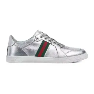 Gucci Chaussures Lifestyle Argent Vert Métallique Cuir Rayure Web Panneau Latéral