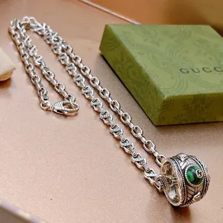 Gucci রুপো সবুজ অলংকৃত চেইন খোদাই করা লিঙ্ক বিবরণ হার