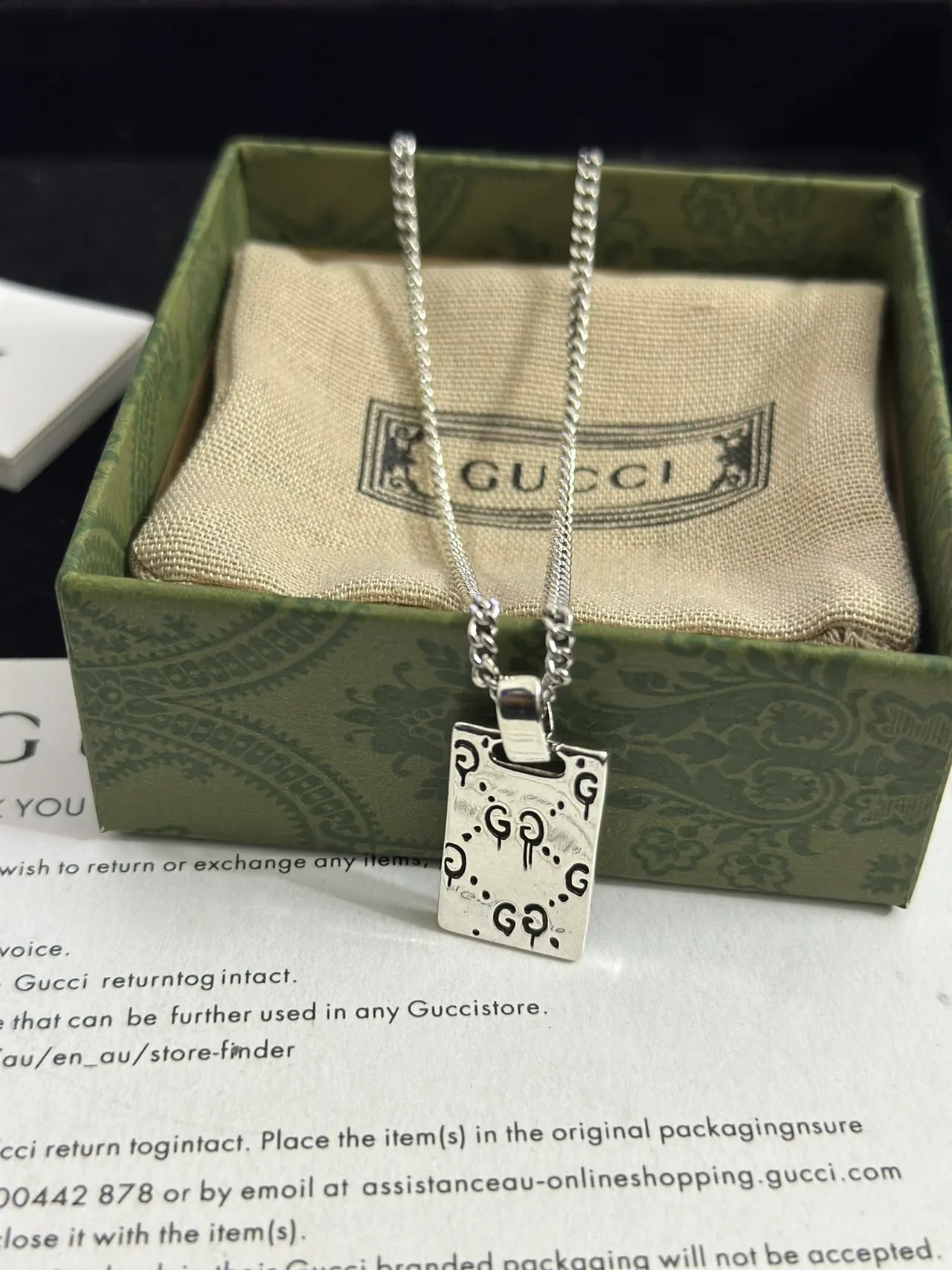 Gucci Skull Dog Tag Silver Green Rectangular Pendant Curb Chain Necklace 7