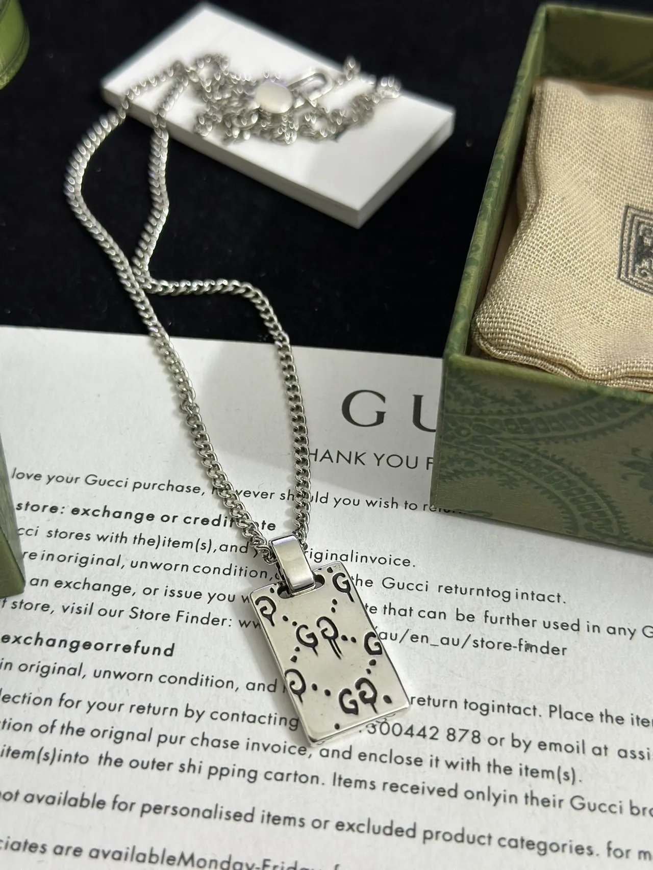 Gucci Skull Dog Tag Silver Green Rectangular Pendant Curb Chain Necklace 8