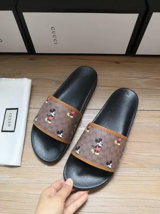 Gucci Slide Black Brown GG Monogram Canvas Strap Mickey Mouse Print Slippers 8