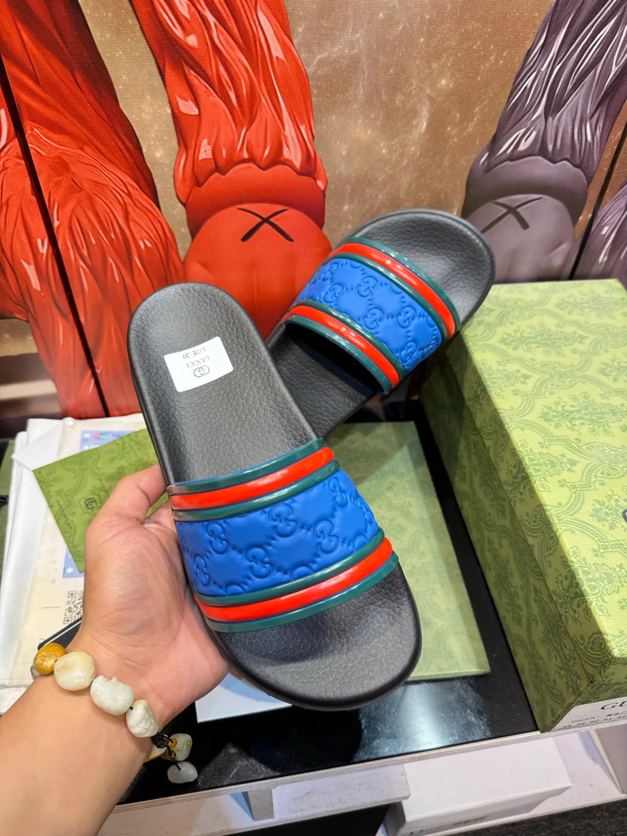 Gucci Slide Black Multicolor Interlocking G Logo Strap Embossed GG Pattern Slippers 16