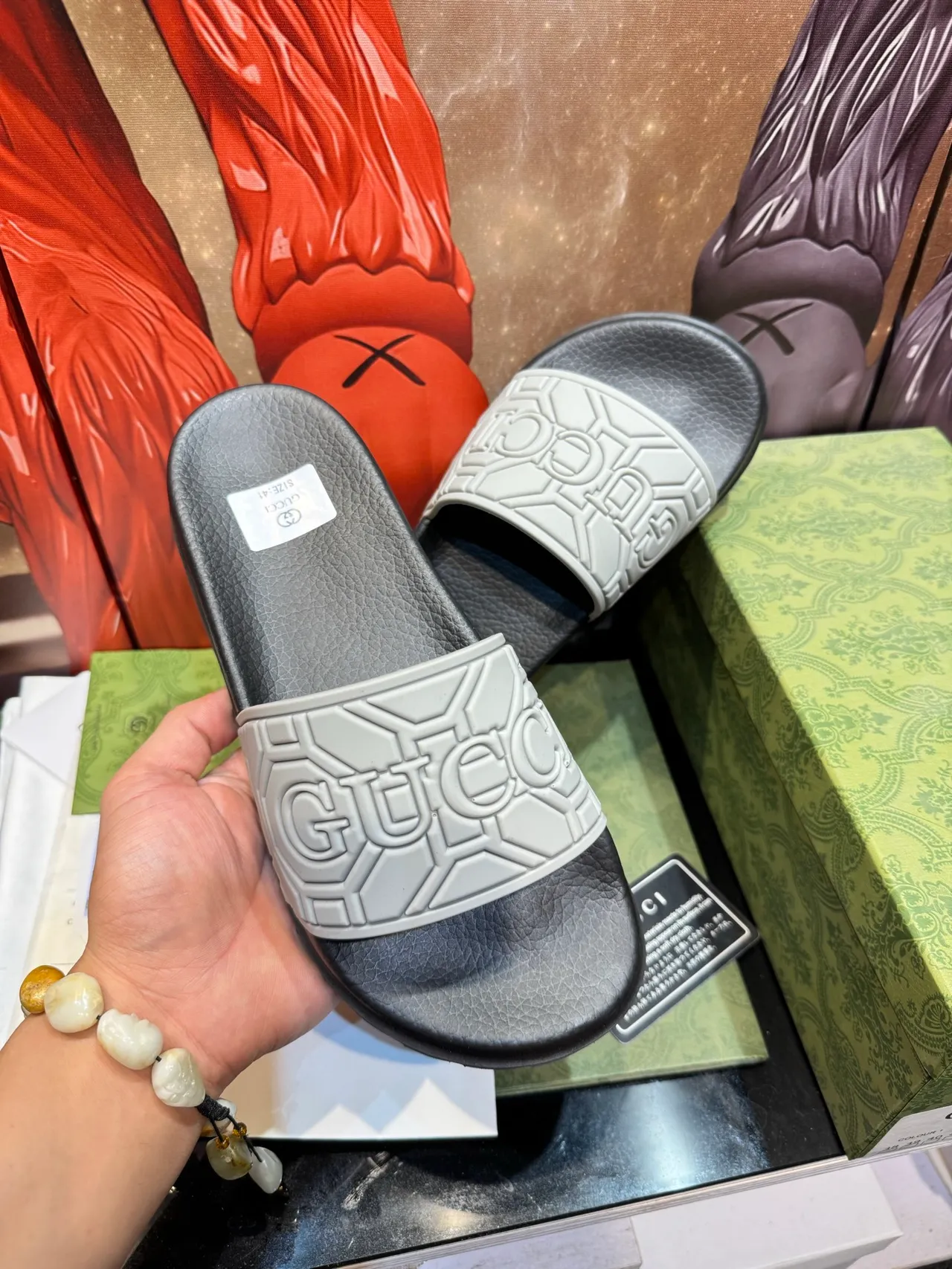 Gucci Slide Black Multicolor Interlocking G Logo Strap Embossed GG Pattern Slippers 19