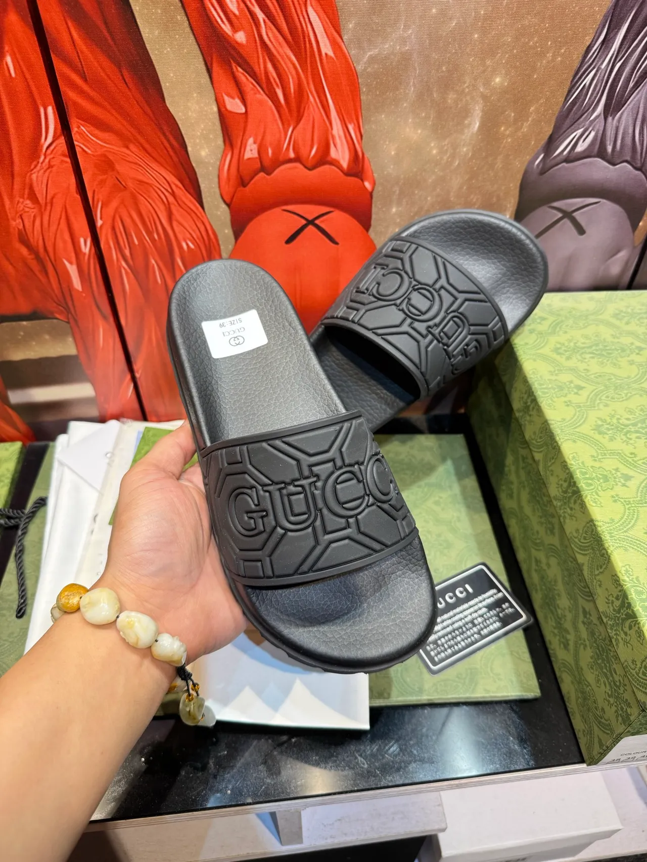 Gucci Slide Black Multicolor Interlocking G Logo Strap Embossed GG Pattern Slippers 20