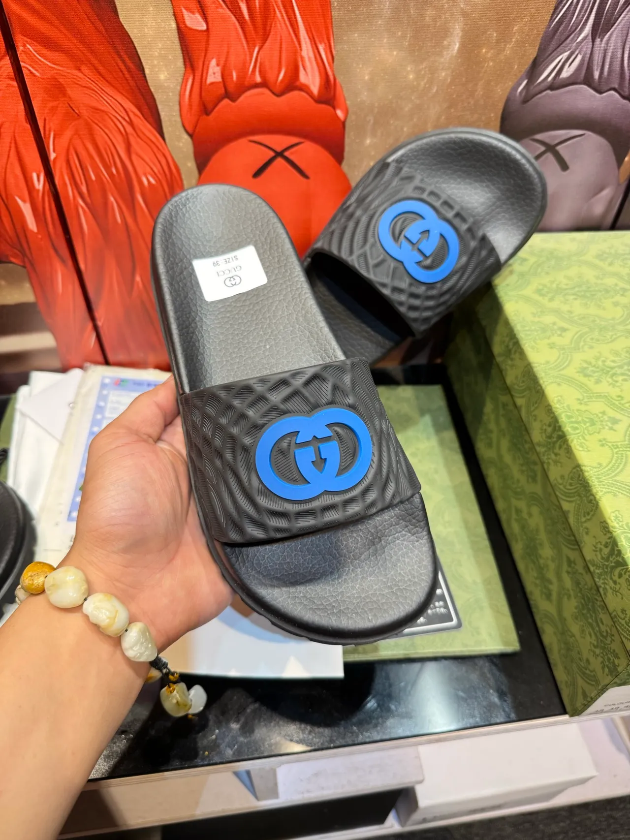 Gucci Slide Black Multicolor Interlocking G Logo Strap Embossed GG Pattern Slippers 23