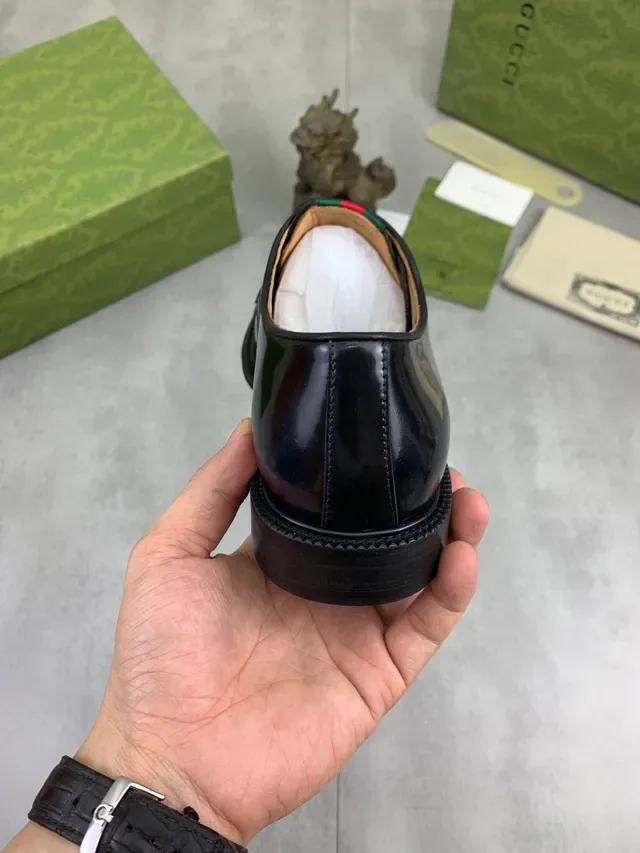 Gucci Web Stripe Oxford Black Green High-Gloss Patent Leather Cap Toe Oxford Shoes 3