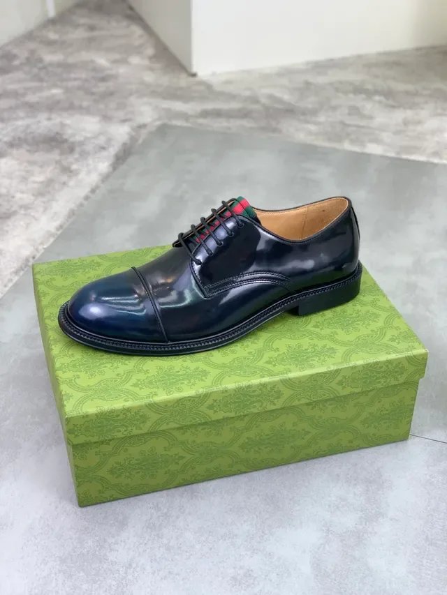 Gucci Web Stripe Oxford Black Green High-Gloss Patent Leather Cap Toe Oxford Shoes 4