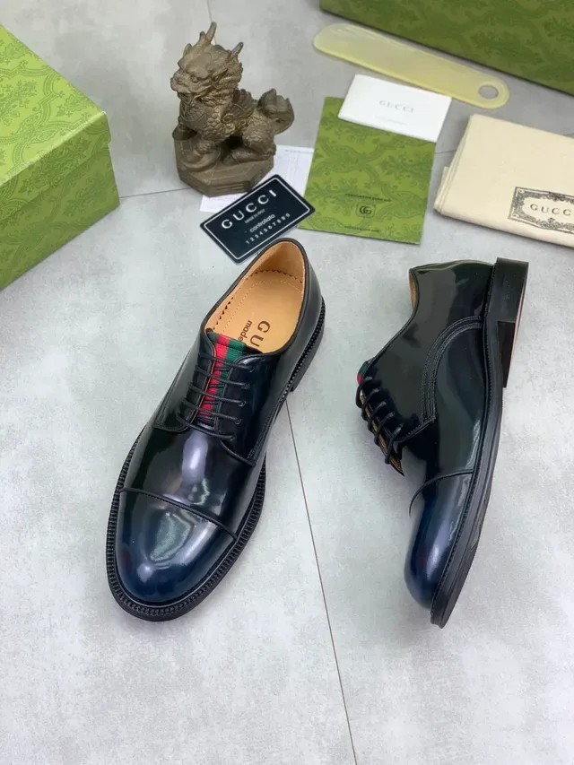 Gucci Web Stripe Oxford Black Green High-Gloss Patent Leather Cap Toe Oxford Shoes 5