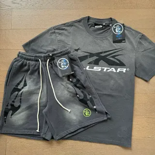 Hellstar Gray Black Oversized Fit Flame Graphic Print Tracksuit